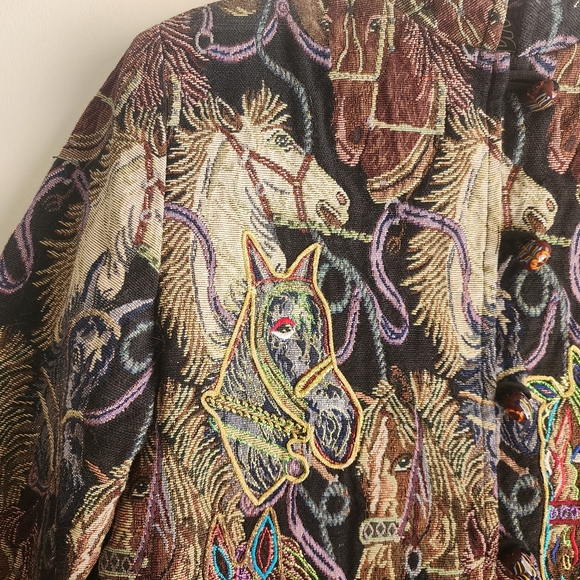 Vintage 90s Daniel K Embroidered Tapestry Horse Head Print Woven Blazer Jacket S - Picture 2 of 13